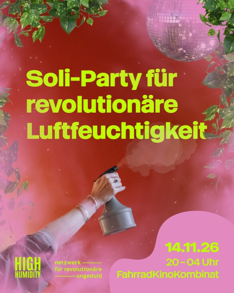 party-plakat für die soli-party für revolutionäre luftfeuchtigkeit am 14- november im fahrradkino-kombinat