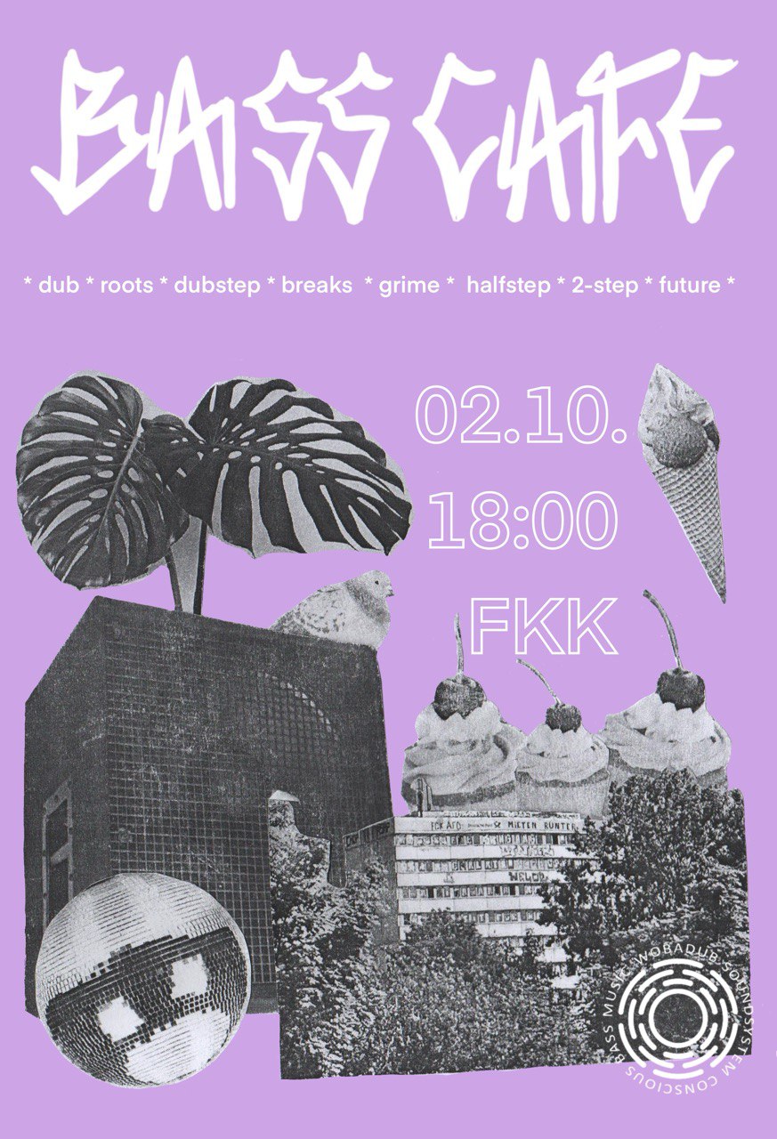Flyer fürs Bass Café am zweiten Oktober von 18 bis Null Uhr im FKK in der alten Muthesius Kunsthochschule in Kiel