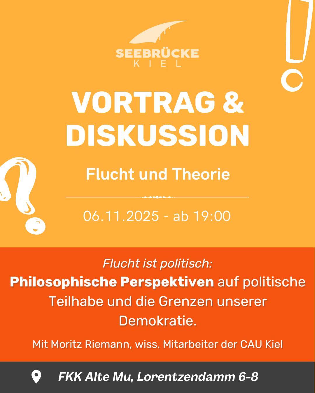 Orangenes Vortragsplakat von der Seebrücke Kiel