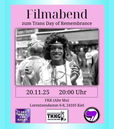 marsha P johnson auf einem schwarz-weiß foto auf einem film-plakat zum trans day of remembrance im fahrradkinokombinat kiel