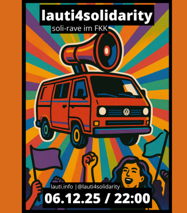 ein buntes veranstaltungsposter für eine soli party des lauti vereins am 6.12. ab 22 uhr im fahrrad-kino-kombinat