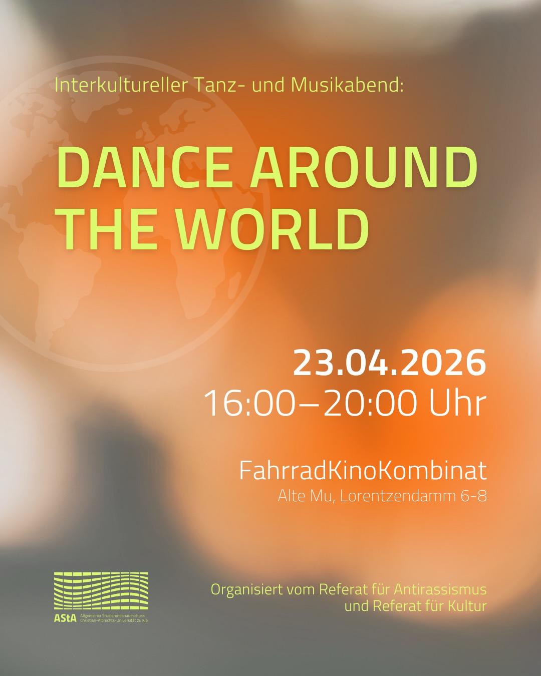 dance around the world veranstaltungsplakat in orange für einen interkulturellen musik- und tanzabend am 23.04.2026 im fahrradkino kombinat ab 16 uhr