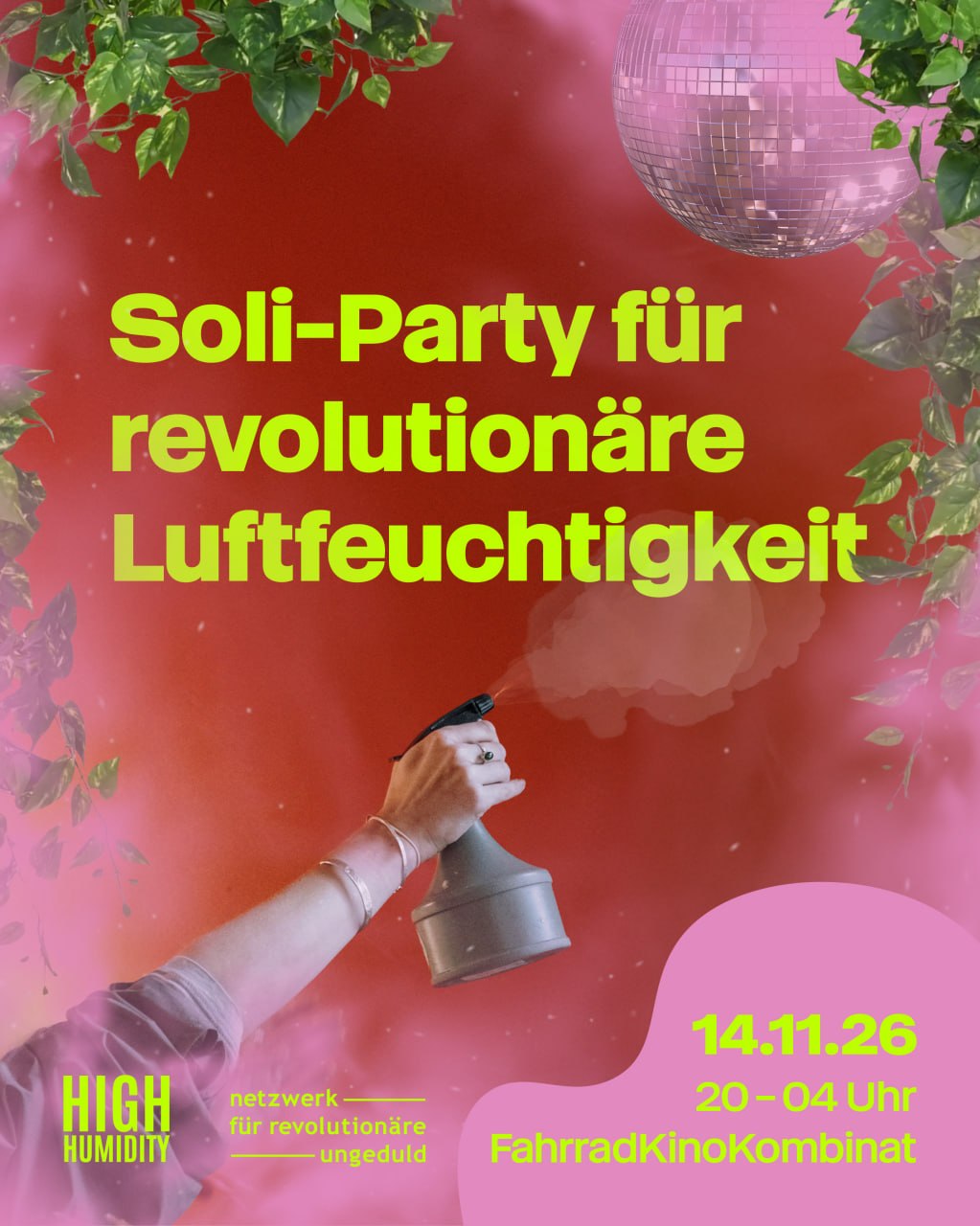 party-plakat für die soli-party für revolutionäre luftfeuchtigkeit am 14- november im fahrradkino-kombinat